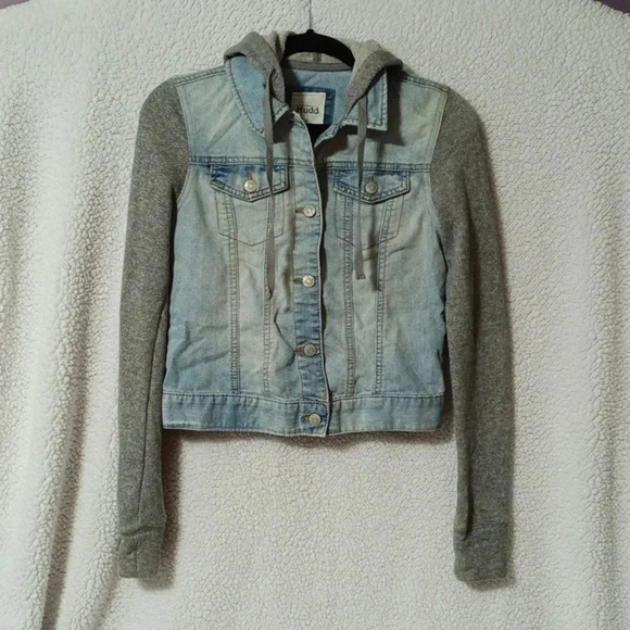 Mudd Size Small Hooded Jean Jacket with Knit Sleeves Button Up with Pockets - Picture 1 of 9